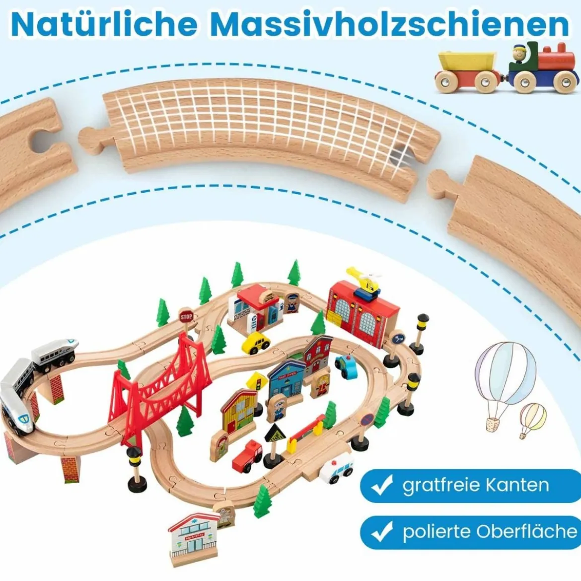 Eisenbahntisch aus Holz 80-teiliges Spielset mit Umkehrbarer & Abnehmbarer Tischplatte 82,5 x 60 x 40 cm Mehrfarbig