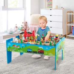 Eisenbahntisch aus Holz 80-teiliges Spielset mit Umkehrbarer & Abnehmbarer Tischplatte 82,5 x 60 x 40 cm Mehrfarbig