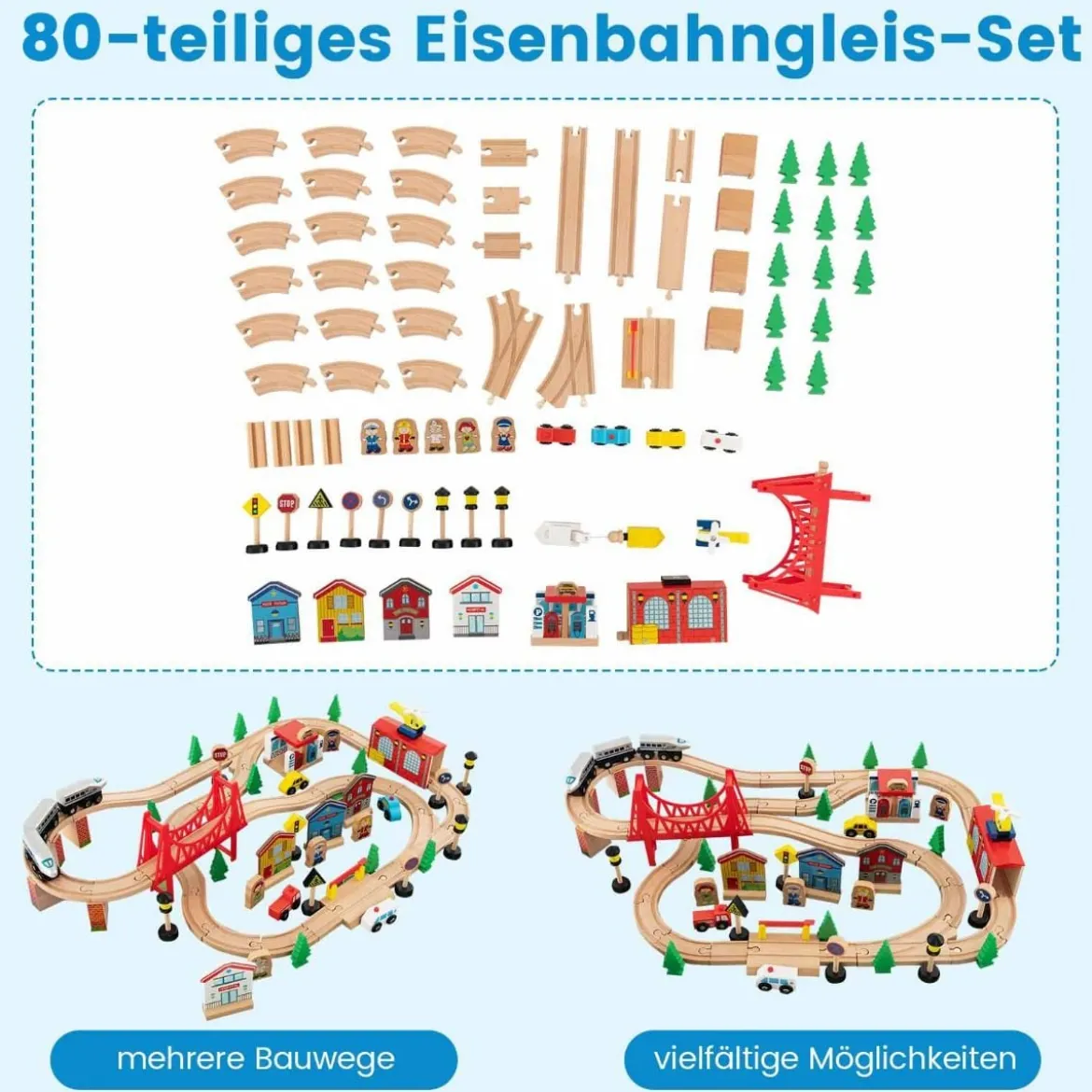 Eisenbahntisch aus Holz 80-teiliges Spielset mit Umkehrbarer & Abnehmbarer Tischplatte 82,5 x 60 x 40 cm Mehrfarbig
