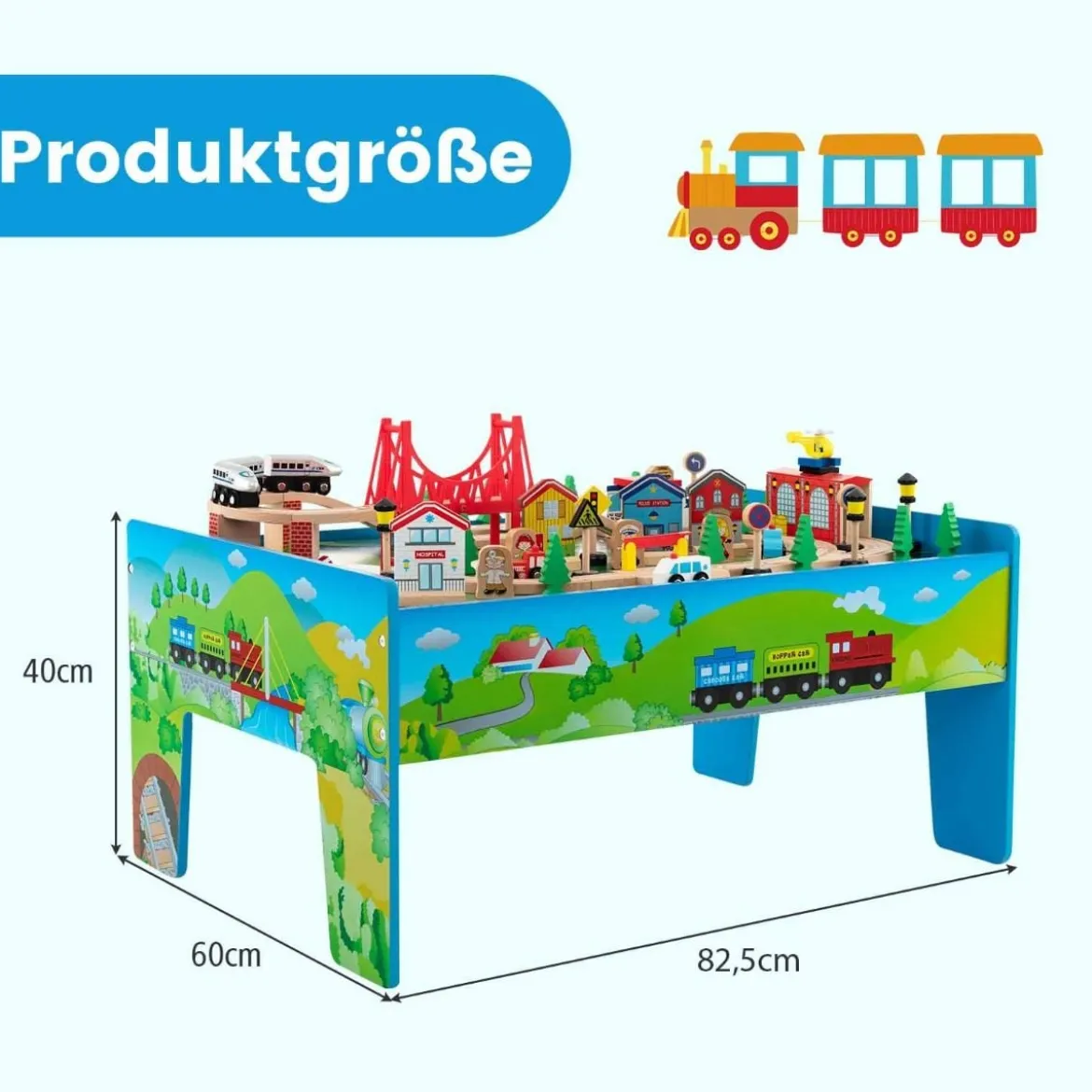 Eisenbahntisch aus Holz 80-teiliges Spielset mit Umkehrbarer & Abnehmbarer Tischplatte 82,5 x 60 x 40 cm Mehrfarbig