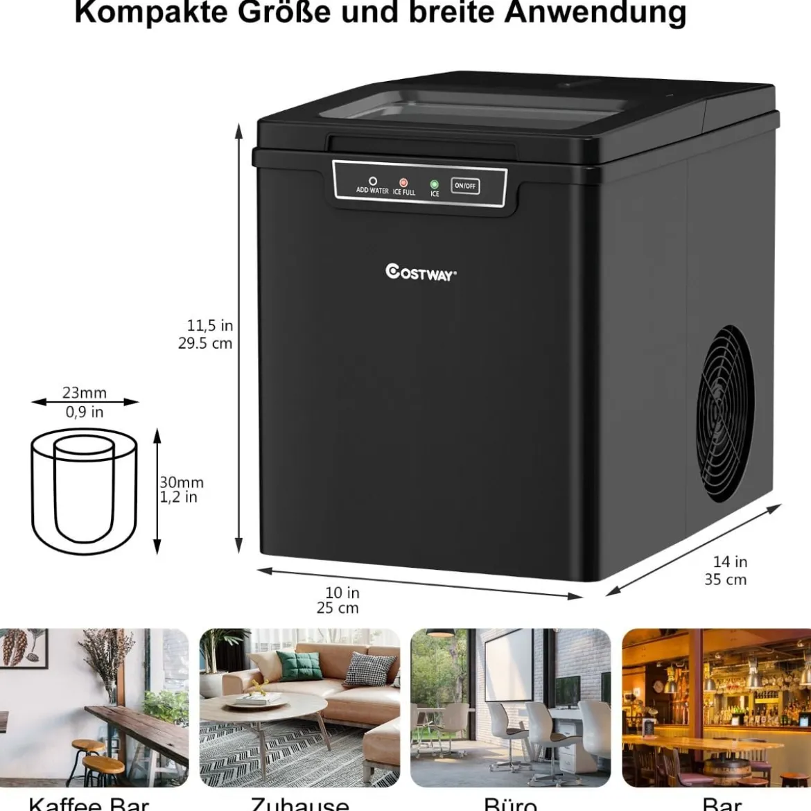Eiswürfelmaschine Eiswürfelbereiter inkl. Eiswürfelschaufel 1,85 L Wassertank 35 x 25 x 29,5 cm Schwarz