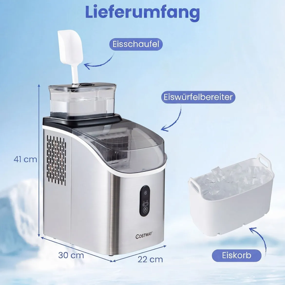 Eiswürfelmaschine Eiswürfelbereiter mit 13-stufiger Dickeneinstellung 24H Timer Selbstreinigungsmodus Silber