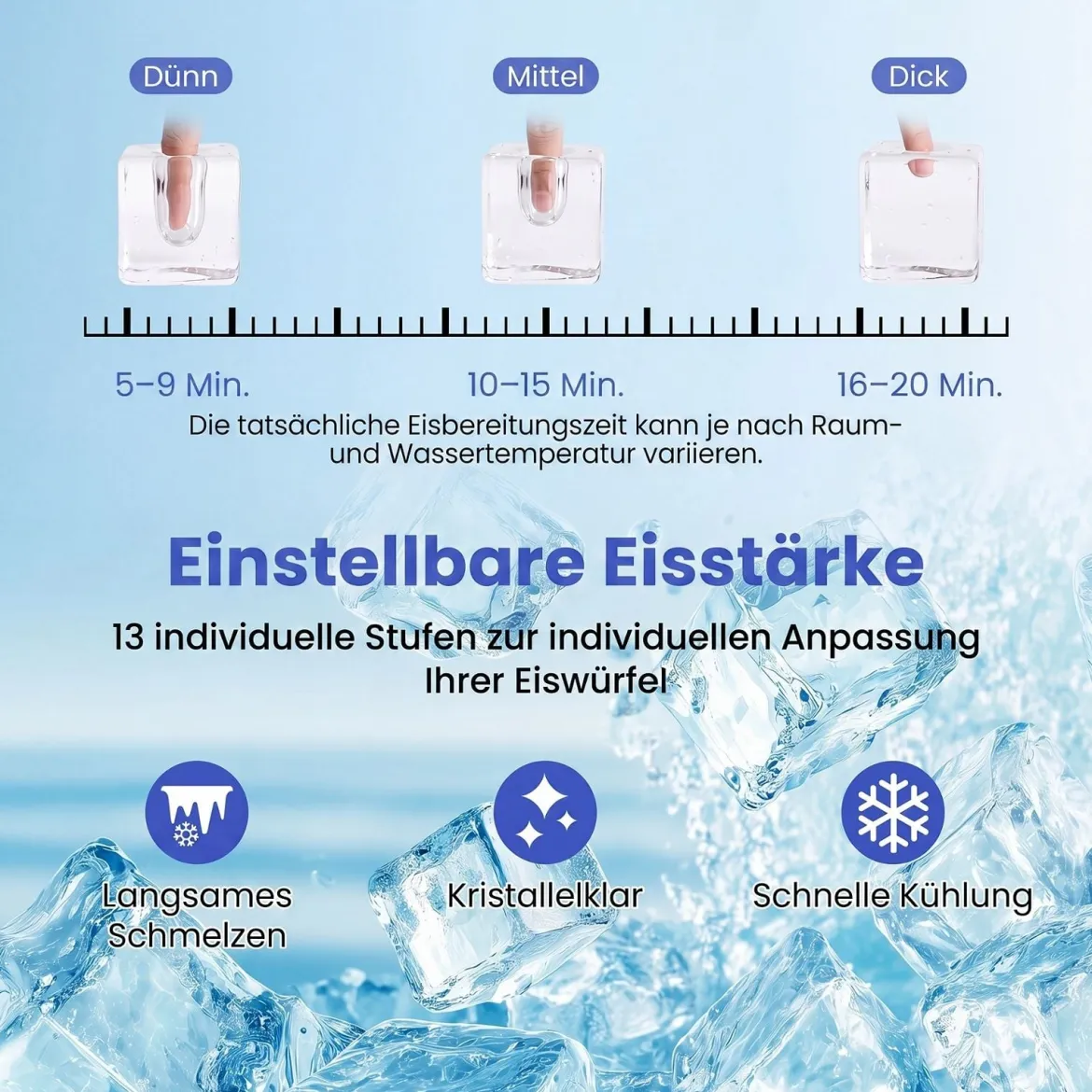 Eiswürfelmaschine Eiswürfelbereiter mit 13-stufiger Dickeneinstellung 24H Timer Selbstreinigungsmodus Silber