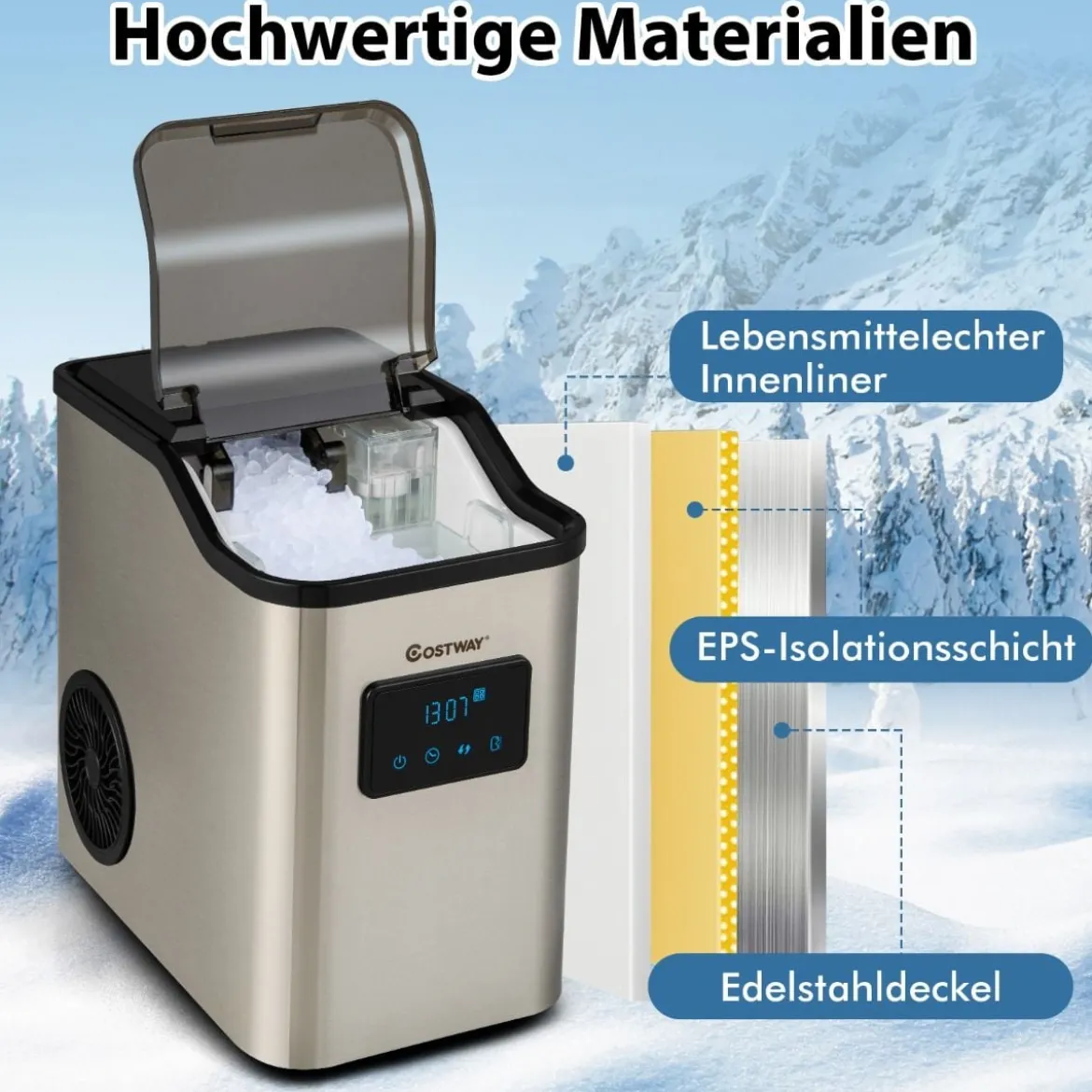 Eiswürfelmaschine 24kg pro Tag Crushed Ice Maker Eismaschine Eiswürfelbereiter inkl Schaufel Timer 2,5L Wassertank