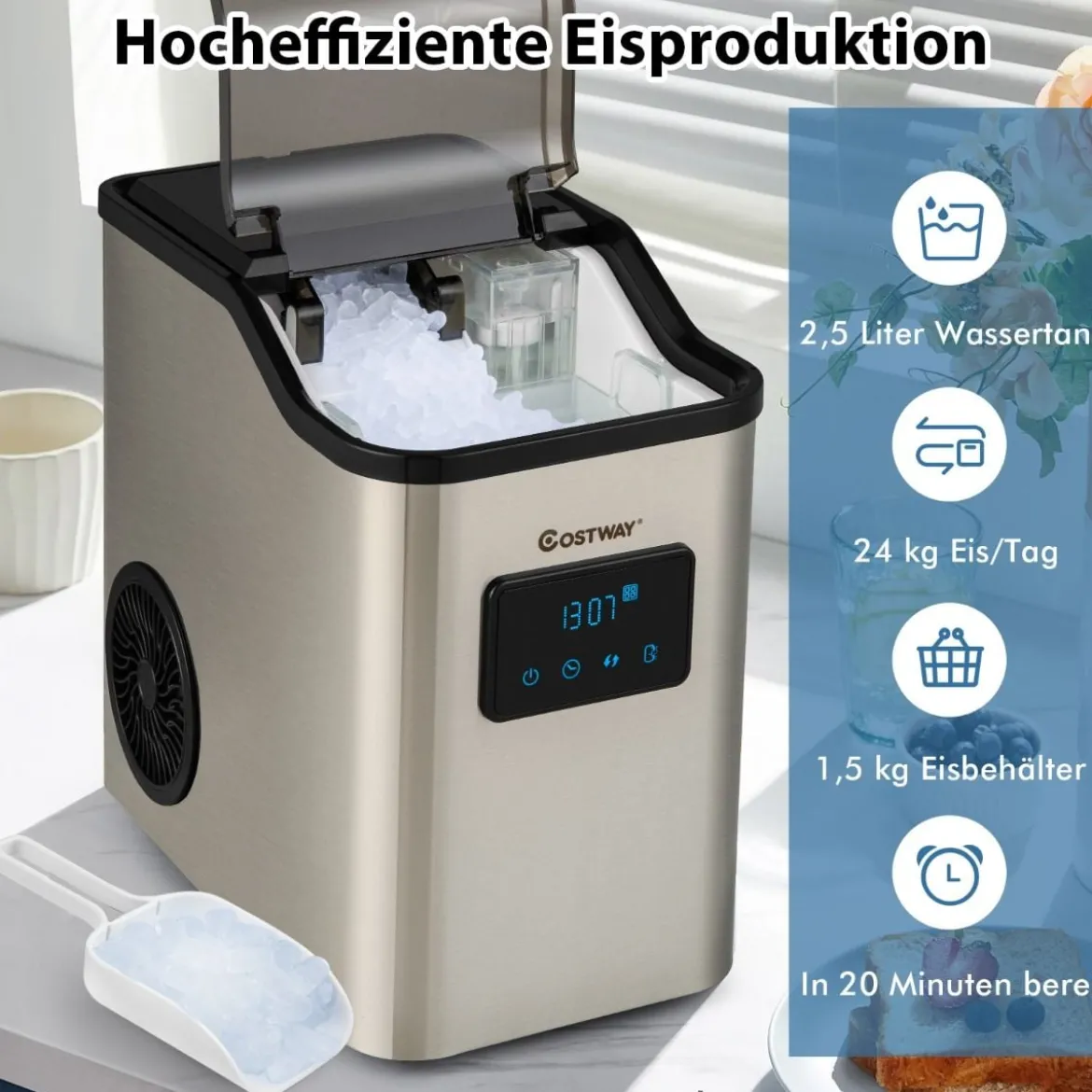 Eiswürfelmaschine 24kg pro Tag Crushed Ice Maker Eismaschine Eiswürfelbereiter inkl Schaufel Timer 2,5L Wassertank