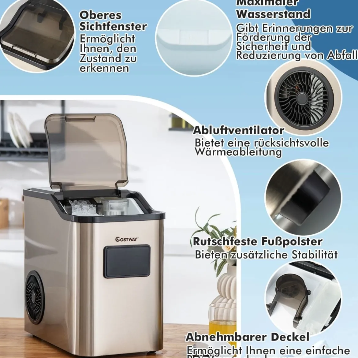 Eiswürfelmaschine 24kg pro Tag Crushed Ice Maker Eismaschine Eiswürfelbereiter inkl Schaufel Timer 2,5L Wassertank