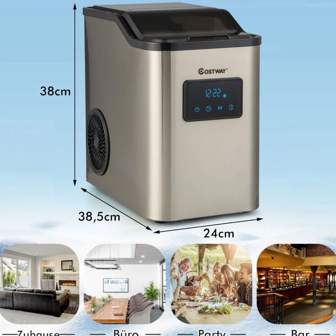 Eiswürfelmaschine 24kg pro Tag Crushed Ice Maker Eismaschine Eiswürfelbereiter inkl Schaufel Timer 2,5L Wassertank