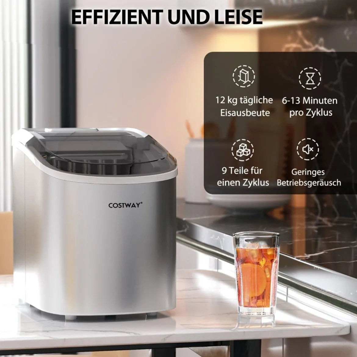Eiswürfelmaschine 2,2 L Eiswürfelmaschine mit Kugelförmigen Eiswürfeln 24,5 x 35,5 x 32 cm Splitter