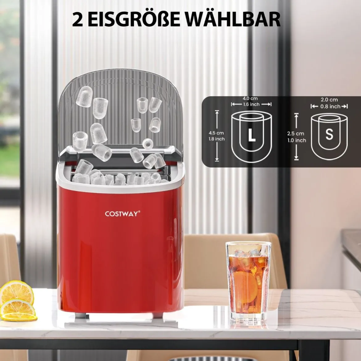 Eiswürfelmaschine 2,2 L Eiswürfelmaschine mit Kugelförmigen Eiswürfeln 24,5 x 35,5 x 32 cm Rot