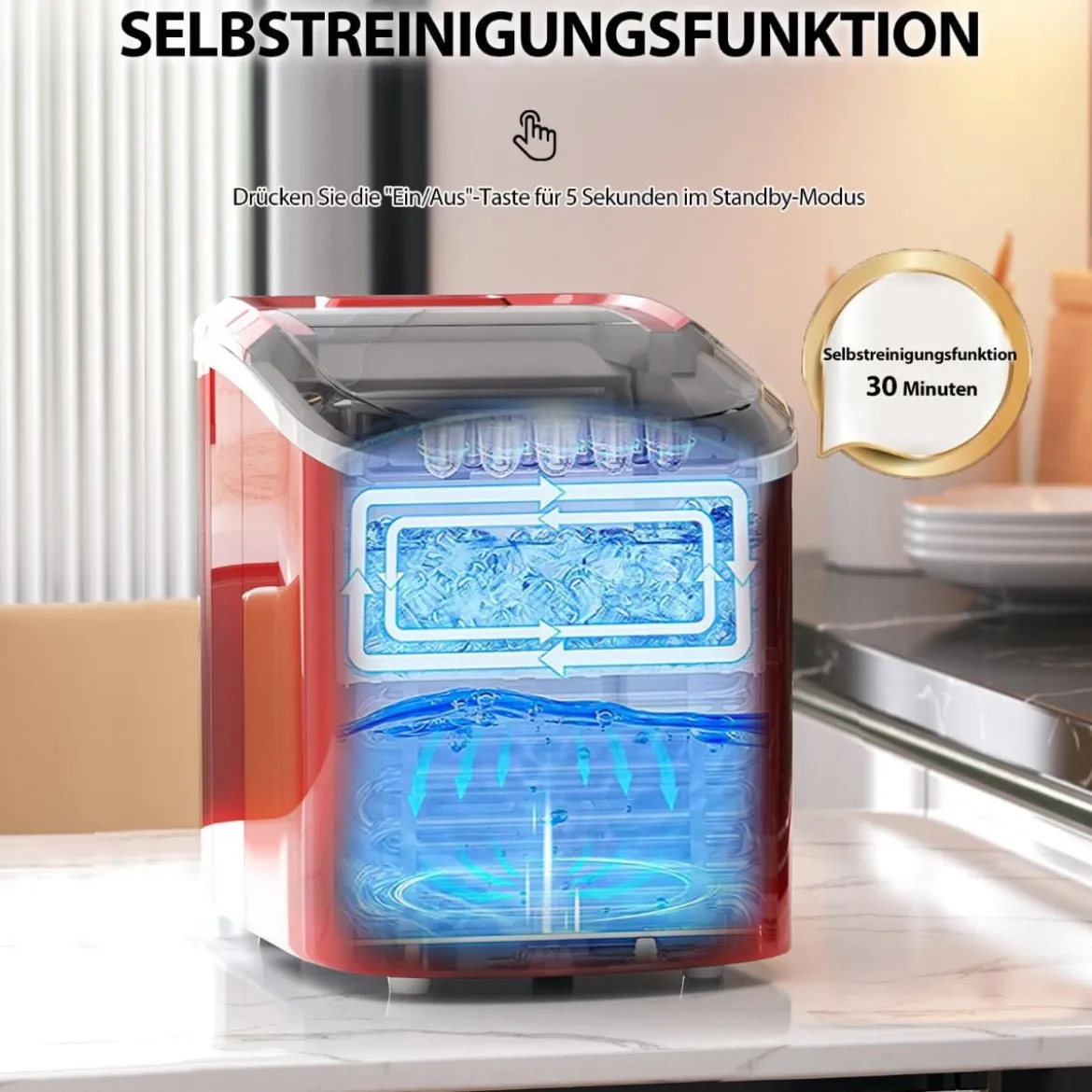 Eiswürfelmaschine 2,2 L Eiswürfelmaschine mit Kugelförmigen Eiswürfeln 24,5 x 35,5 x 32 cm Rot