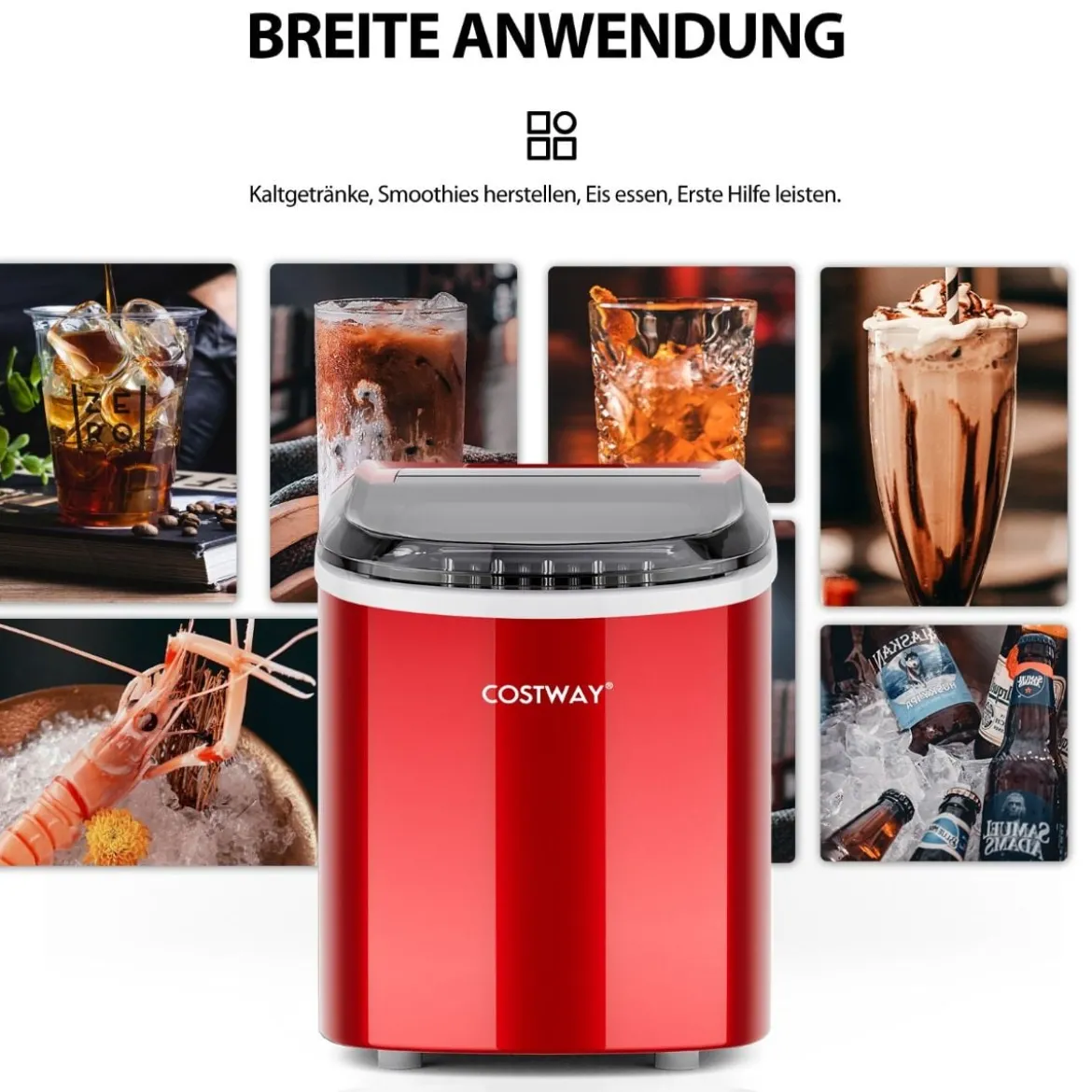 Eiswürfelmaschine 2,2 L Eiswürfelmaschine mit Kugelförmigen Eiswürfeln 24,5 x 35,5 x 32 cm Rot