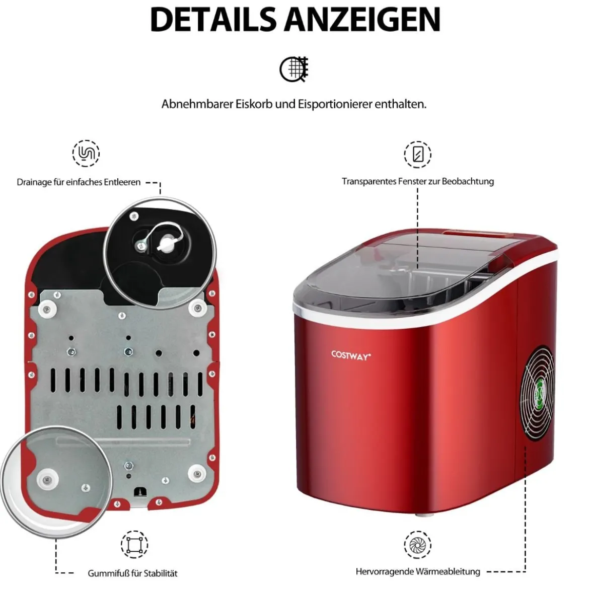 Eiswürfelmaschine 2,2 L Eiswürfelmaschine mit Kugelförmigen Eiswürfeln 24,5 x 35,5 x 32 cm Rot