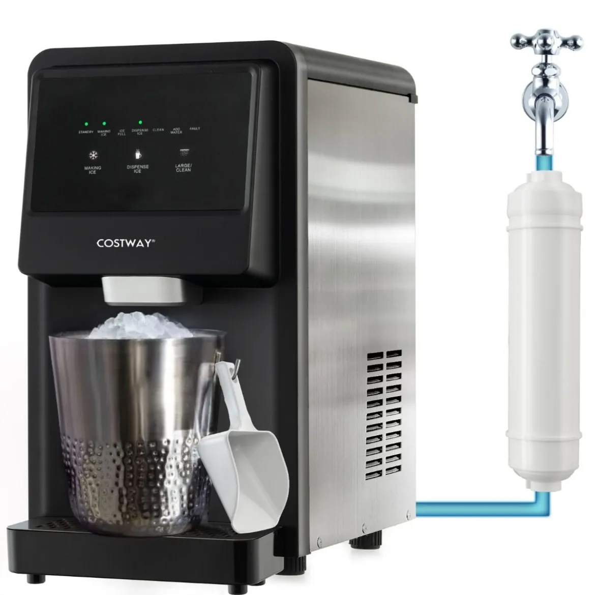 Eiswürfelmaschine Selbst Dosierender Theken Nugget Eisbereiter max. 27 kg/24H LED-Blaulicht 51 x 31 x 55 cm