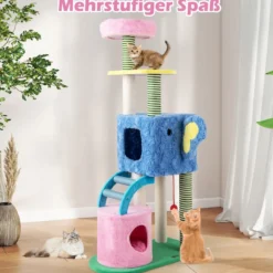 Elefanten-Kratzbaum mit 2 Höhlen & Gepolsterter Liege & Kratzpfosten & Leiter Mehrstufiger Katzenturm
