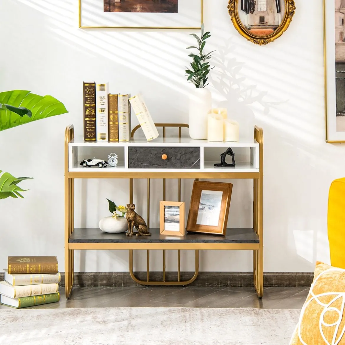 Eleganter 2 Ebenen Konsolentisch aus Kunstmarmor mit Schublade & Aufbewahrungsregal Golden+Weiß