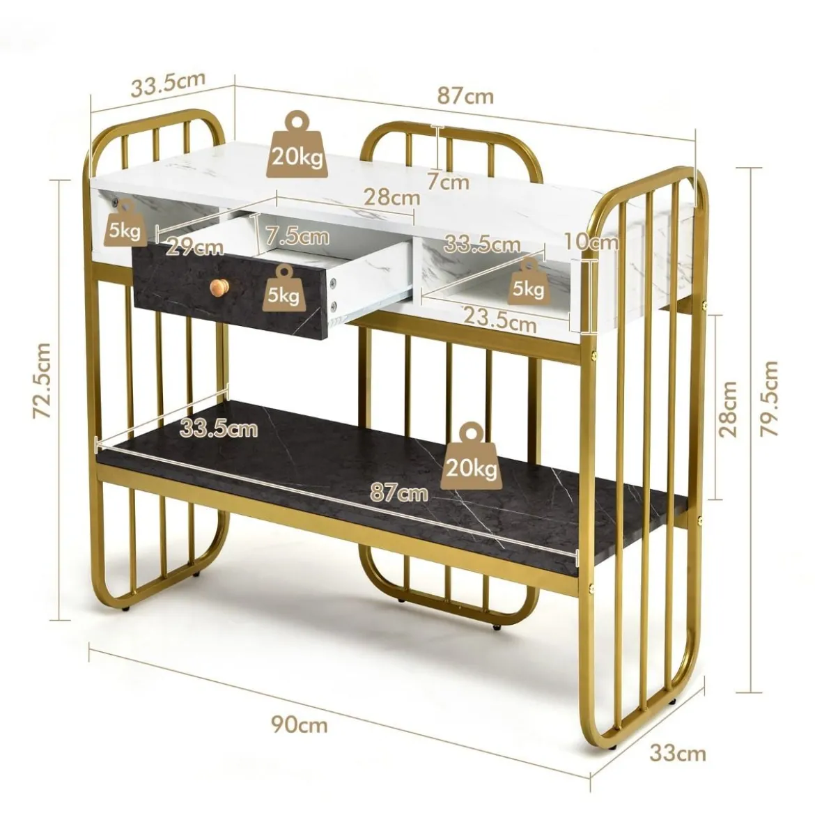 Eleganter 2 Ebenen Konsolentisch aus Kunstmarmor mit Schublade & Aufbewahrungsregal Golden+Weiß