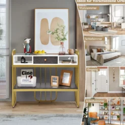 Eleganter 2 Ebenen Konsolentisch aus Kunstmarmor mit Schublade & Aufbewahrungsregal Golden+Weiß