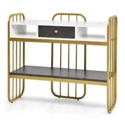 Eleganter 2 Ebenen Konsolentisch aus Kunstmarmor mit Schublade & Aufbewahrungsregal Golden+Weiß