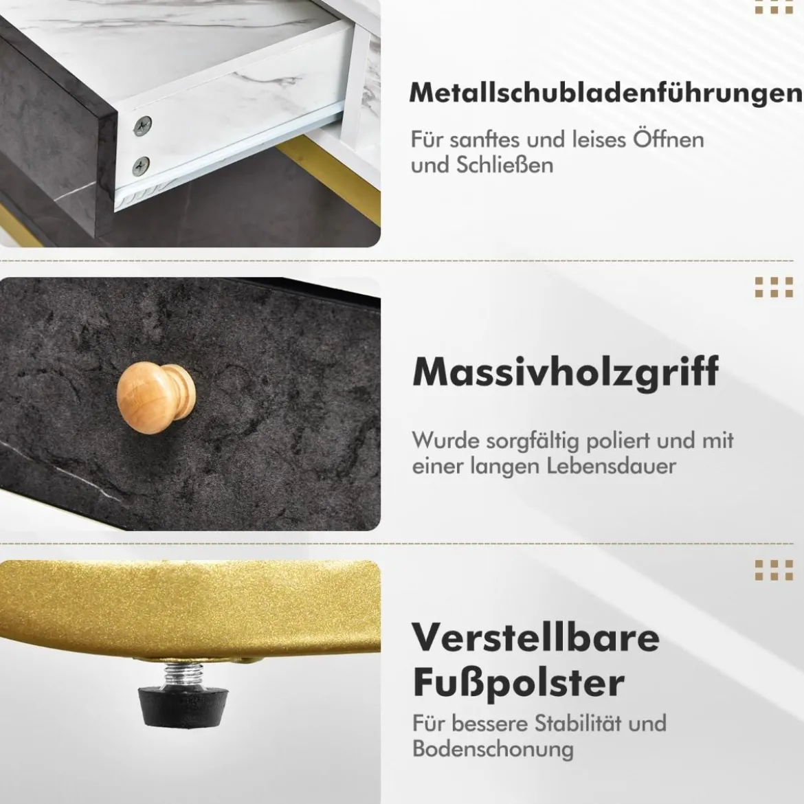 Eleganter 2 Ebenen Konsolentisch aus Kunstmarmor mit Schublade & Aufbewahrungsregal Golden+Weiß
