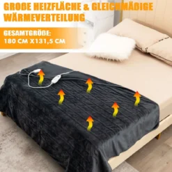 Elektrisch Beheizte Decke Weiche Heizdecke mit 9 Heizstufen Maschinenwaschbare Flanelldecke Grau