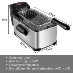 Elektrische Fritteuse Heißluftfritteuse 3L Edelstahl Sichtfenster 60min Timer Silber