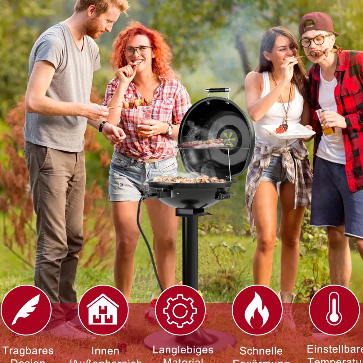 Elektrischer BBQ-Grill tragbarer Standgrill mit abnehmbarem antihaftbeschichtetem Warmhaltegitter Schwarz