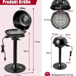Elektrischer BBQ-Grill tragbarer Standgrill mit abnehmbarem antihaftbeschichtetem Warmhaltegitter Schwarz