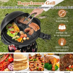 Elektrischer BBQ-Grill 1200 W-Elektrogrill mit 2-Zonen-Antihaft-Grillplatte Schwarz