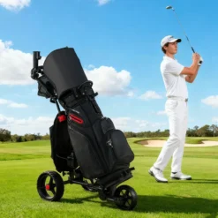 Elektrischer Golf-Pushcart mit Verstellbarem Griff & 9-Gang Einstellungen 3-Rad Golf-Trolley Schwarz