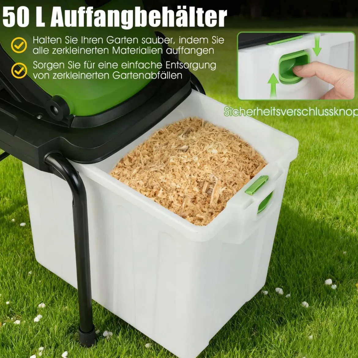 Elektrischer Häcksler 3000 W Gartenhäcksler mit 50 L Auffangbehälter 45 mm Schnittdurchmesser Einfülltrichter Räder Grün