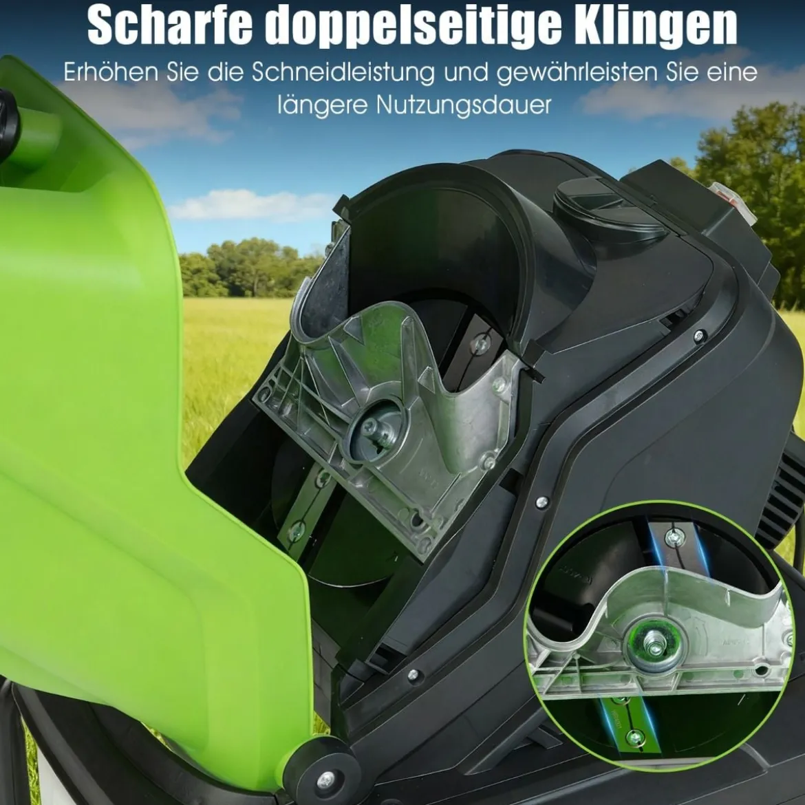 Elektrischer Häcksler 3000 W Gartenhäcksler mit 50 L Auffangbehälter 45 mm Schnittdurchmesser Einfülltrichter Räder Grün