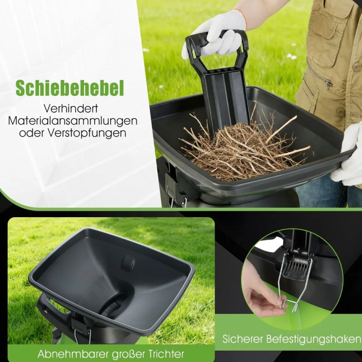 Elektrischer Häcksler 3000 W Gartenhäcksler mit 50 L Auffangbehälter 45 mm Schnittdurchmesser Einfülltrichter Räder Grün