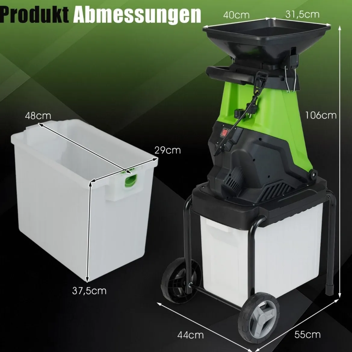 Elektrischer Häcksler 3000 W Gartenhäcksler mit 50 L Auffangbehälter 45 mm Schnittdurchmesser Einfülltrichter Räder Grün