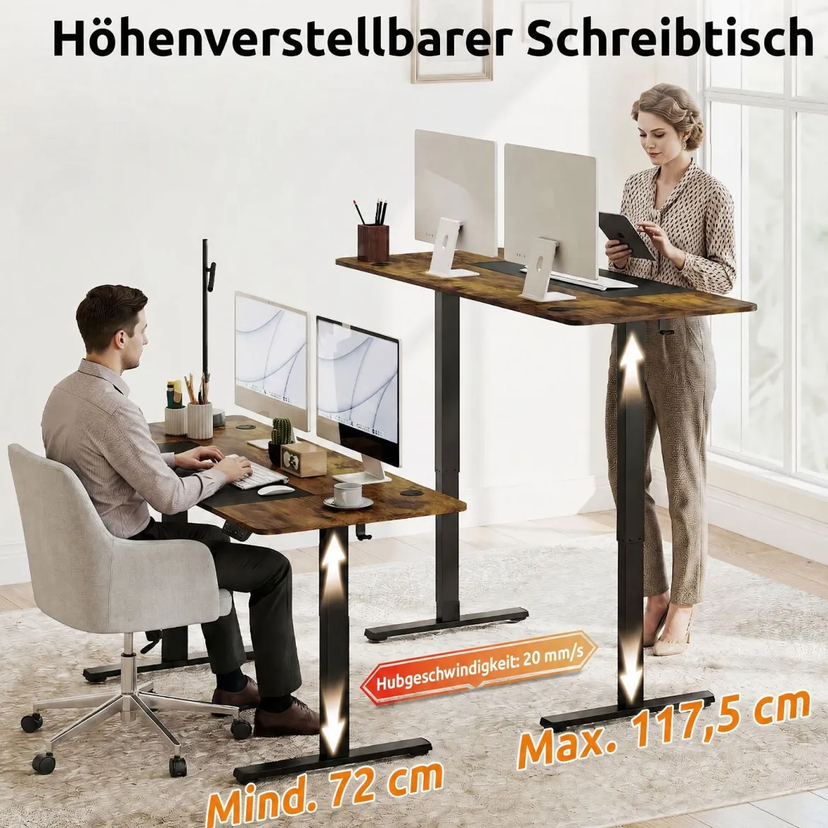 Elektrischer Höhenverstellbarer Schreibtisch mit LED-Bedienfeld & T‑Metallrahmen 140 x 60 cm Rustikales Braun