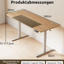 Elektrischer Höhenverstellbarer Schreibtisch mit LED-Bedienfeld & T‑Metallrahmen 140 x 60 cm Natur