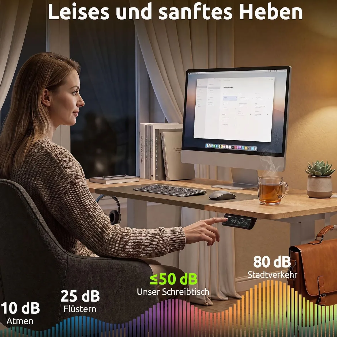 Elektrischer Höhenverstellbarer Schreibtisch mit LED-Bedienfeld & T‑Metallrahmen 140 x 60 cm Natur