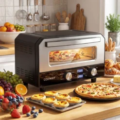 Elektrischer Indoor-Pizzaofen Tisch-Pizzaofen für 30 cm Pizzen mit 6 Voreinstellungen Schwarz