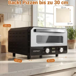 Elektrischer Indoor-Pizzaofen Tisch-Pizzaofen für 30 cm Pizzen mit 6 Voreinstellungen Schwarz