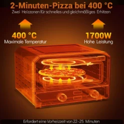 Elektrischer Indoor-Pizzaofen Tisch-Pizzaofen für 30 cm Pizzen mit 6 Voreinstellungen Schwarz