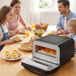 Elektrischer Indoor-Pizzaofen Tisch-Pizzaofen für 30 cm Pizzen mit 6 Voreinstellungen Schwarz