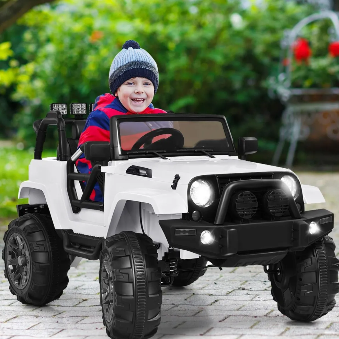 Elektrischer Jeep 12 V Kinderauto mit 2, 4 G-Fernbedienung Elektroauto mit Musik Weiß