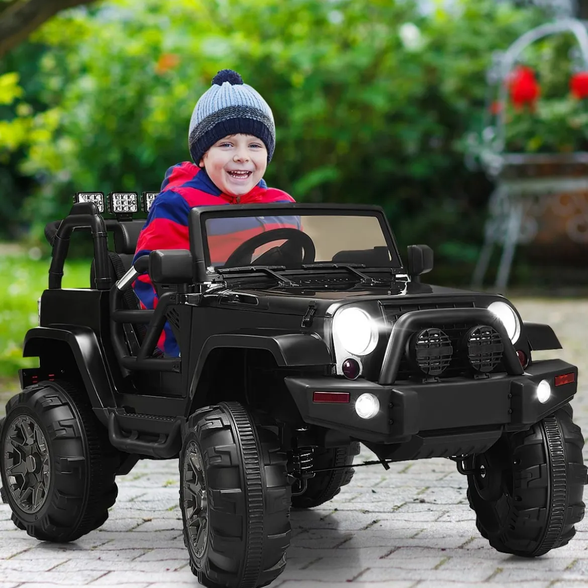 Elektrischer Jeep 12 V Kinderauto mit 2,4 G-Fernbedienung Elektroauto mit Musik Schwarz