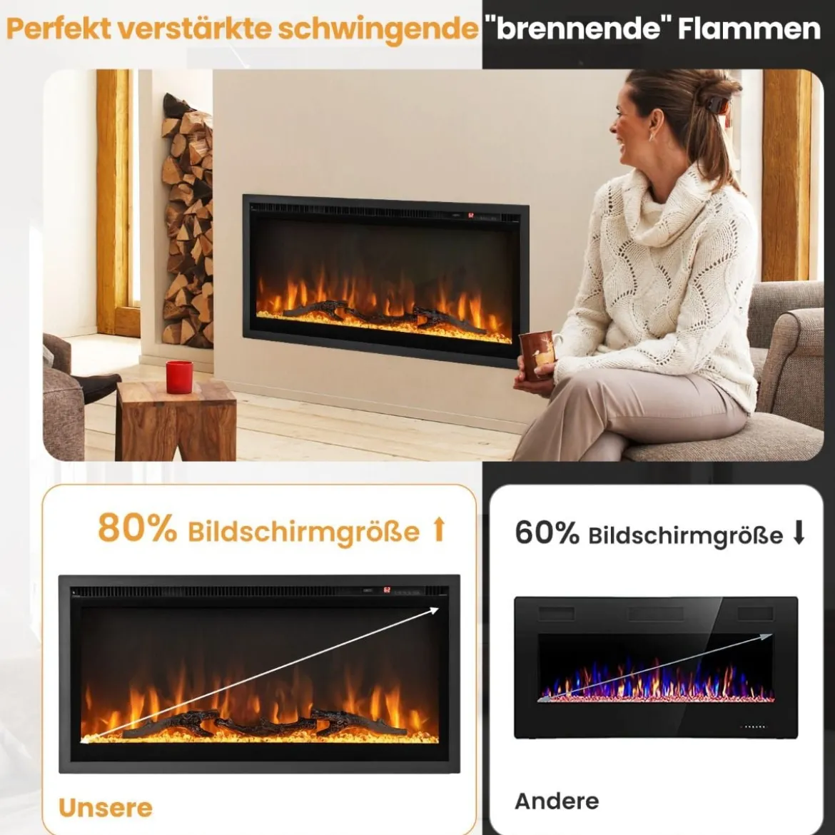 Elektrischer Kamin für Wandeinbau Wandmontage oder Freistehend 91,5 x 14 x 45 cm