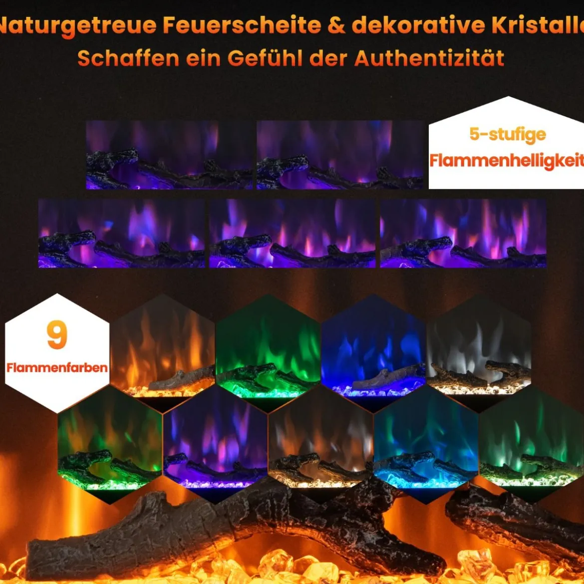 Elektrischer Kamin für Wandeinbau Wandmontage oder Freistehend 91,5 x 14 x 45 cm