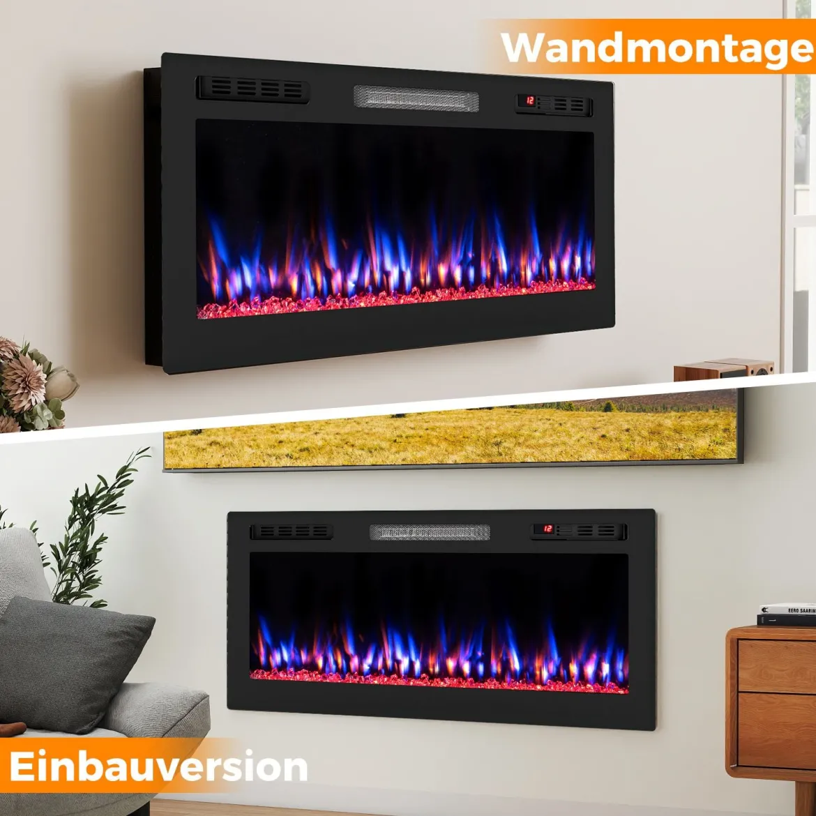42'' Elektrischer Kamin 750W/1500W Einbaukamin mit APP WLAN-fähig & Fernbedienung Wandkamin