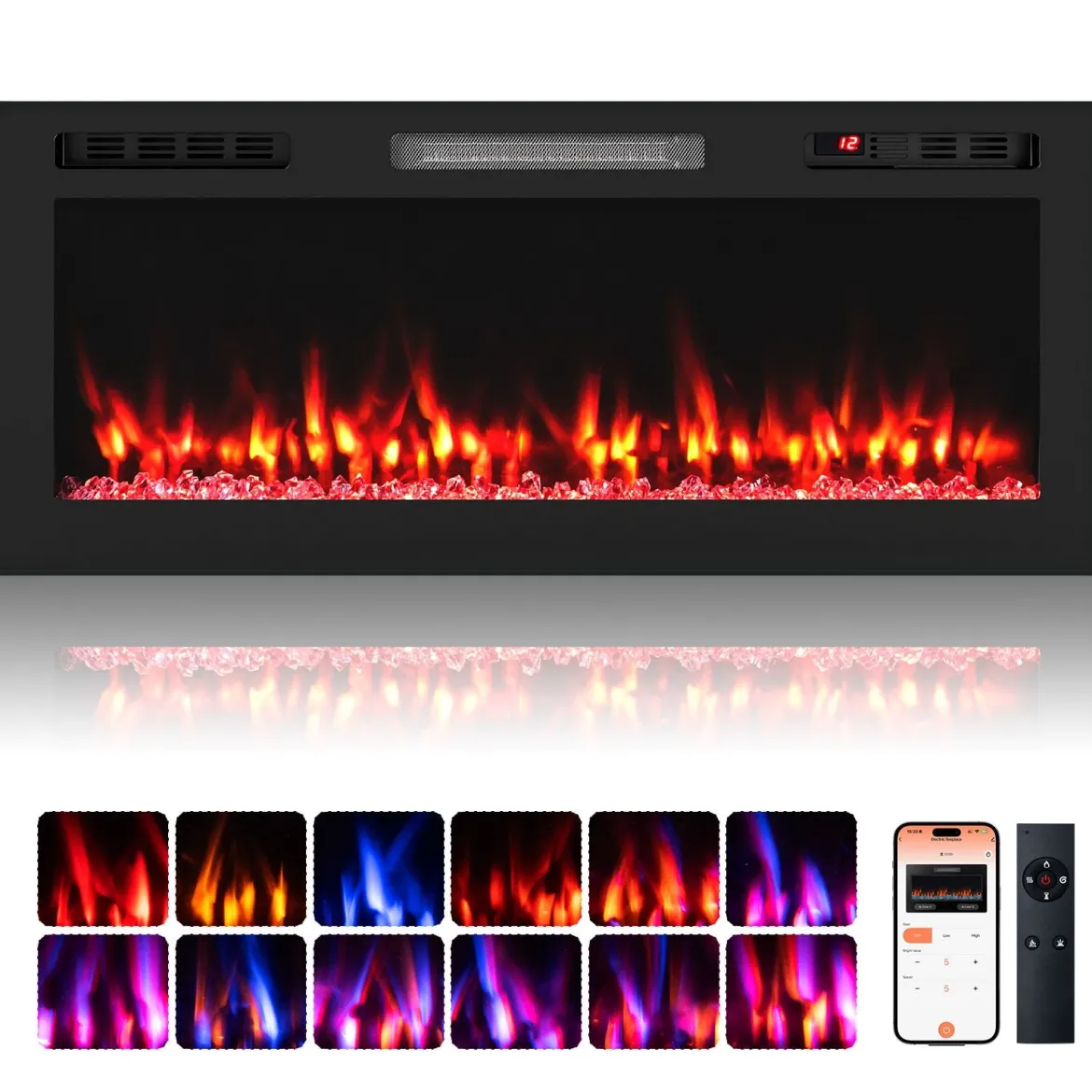 42'' Elektrischer Kamin 750W/1500W Einbaukamin mit APP WLAN-fähig & Fernbedienung Wandkamin