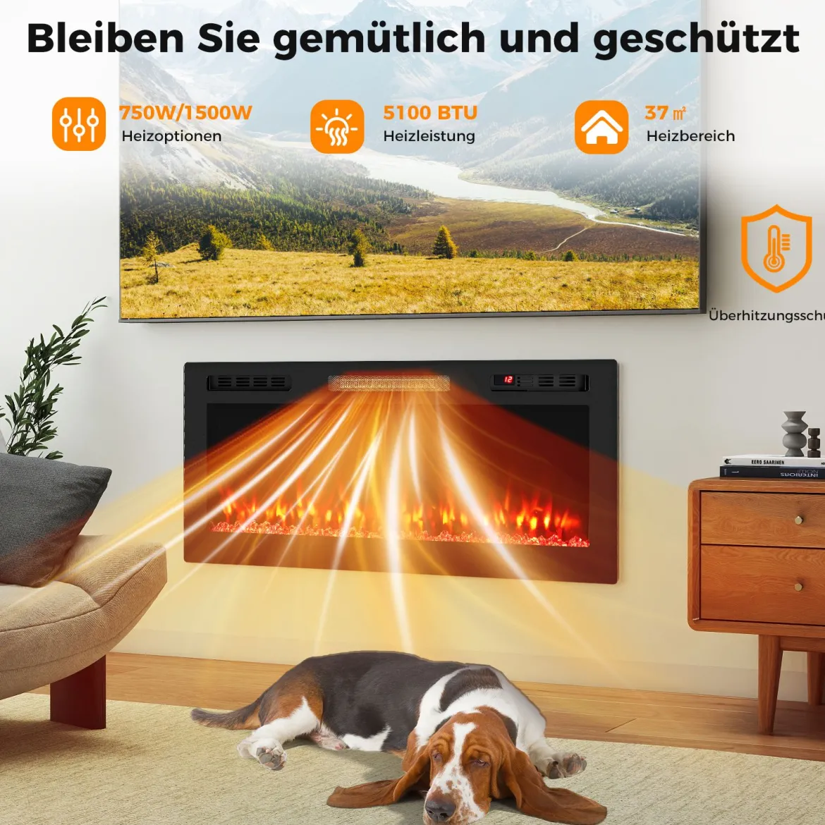 42'' Elektrischer Kamin 750W/1500W Einbaukamin mit APP WLAN-fähig & Fernbedienung Wandkamin