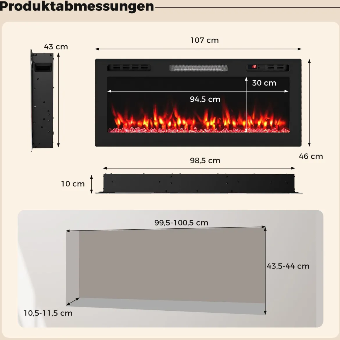 42'' Elektrischer Kamin 750W/1500W Einbaukamin mit APP WLAN-fähig & Fernbedienung Wandkamin
