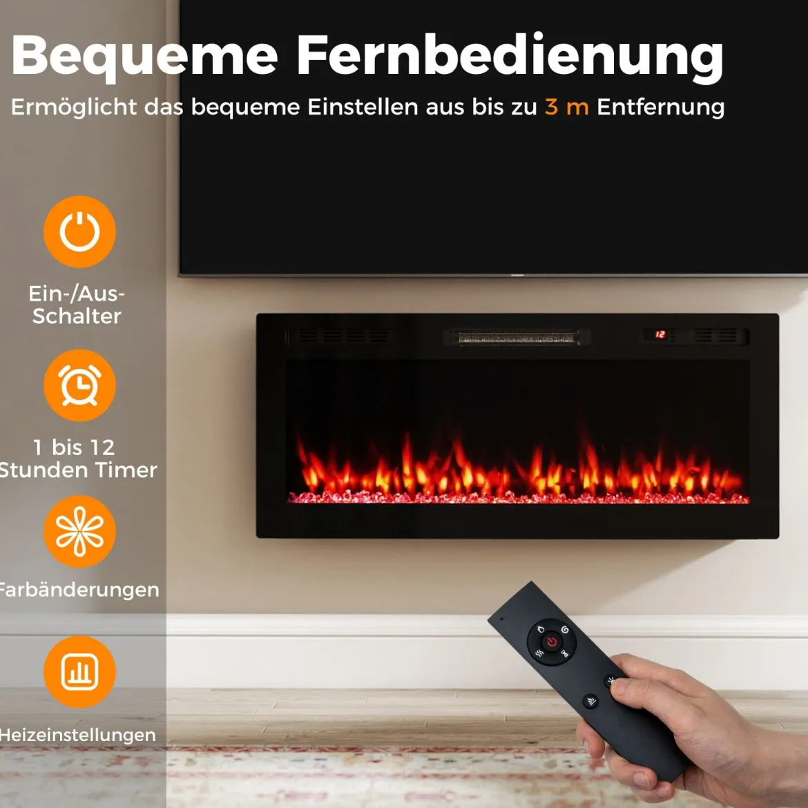 42'' Elektrischer Kamin 750W/1500W Einbaukamin mit APP WLAN-fähig & Fernbedienung Wandkamin