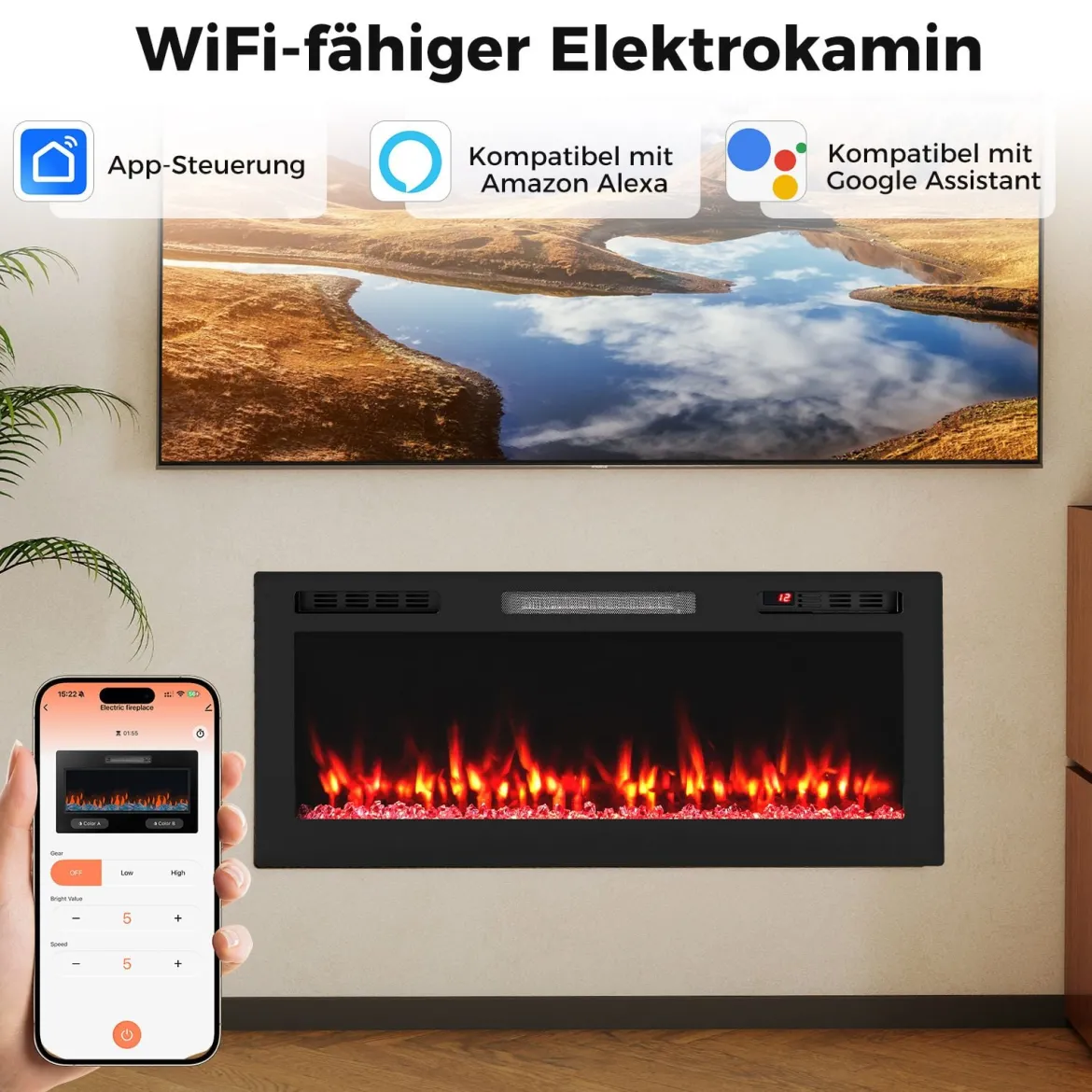 42'' Elektrischer Kamin 750W/1500W Einbaukamin mit APP WLAN-fähig & Fernbedienung Wandkamin